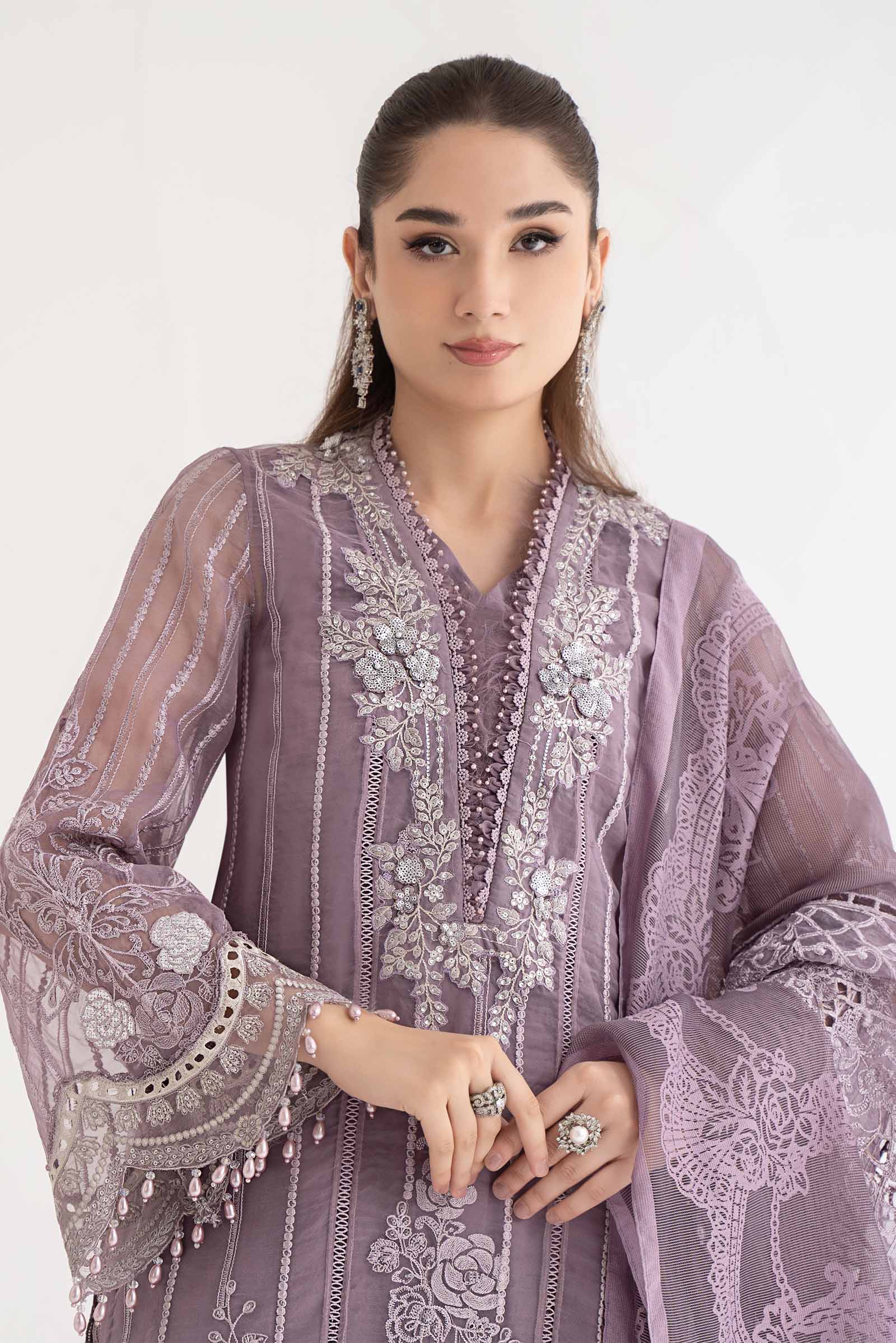 3 Piece Embroidered Organza Suit | DS-2401-A - Image 2