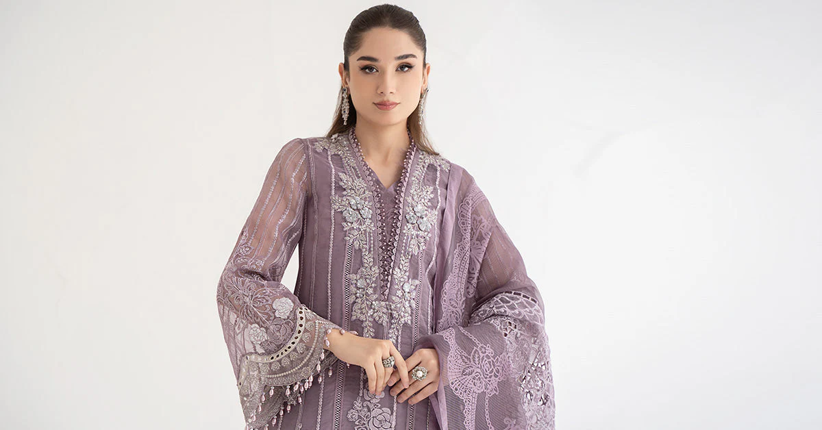 3 Piece Embroidered Organza Suit | DS-2401-A - Image 8