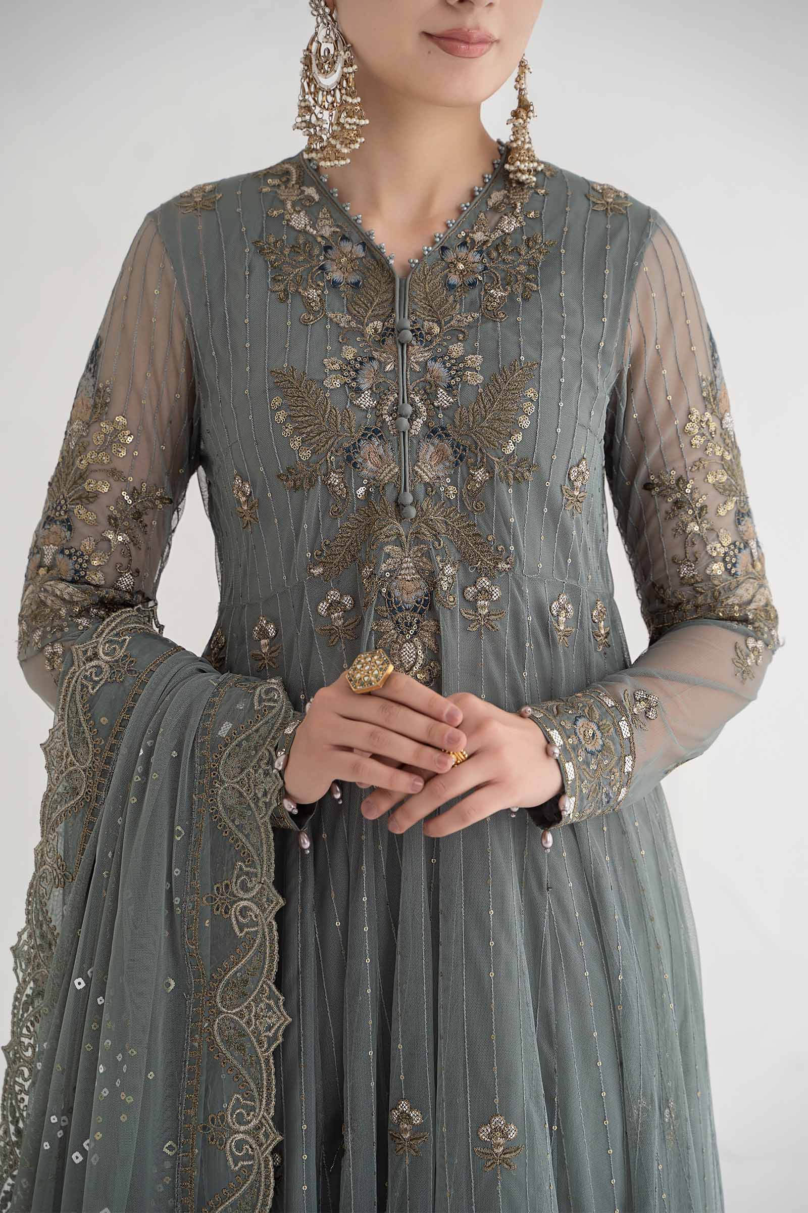 3 Piece Embroidered Net Suit | DS-2403-A - Image 5