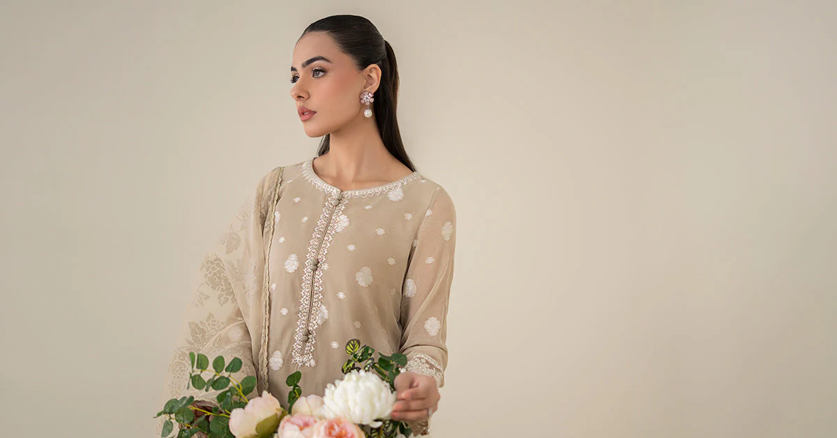 3 Piece Embroidered Paper Cotton Jacquard Suit - Image 7