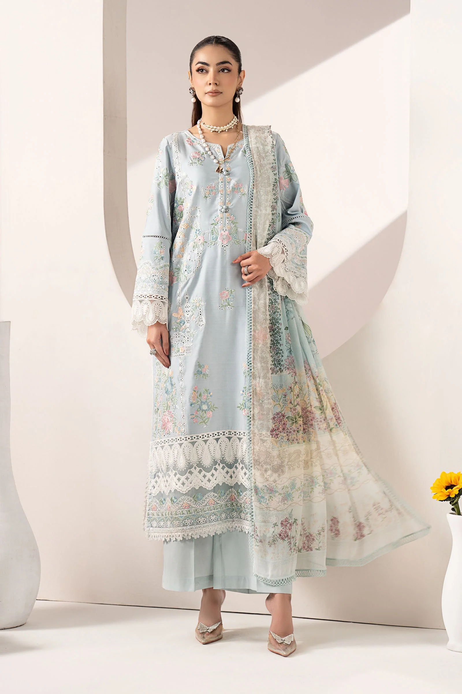 3 Piece Embroidered Paper Silk Suit