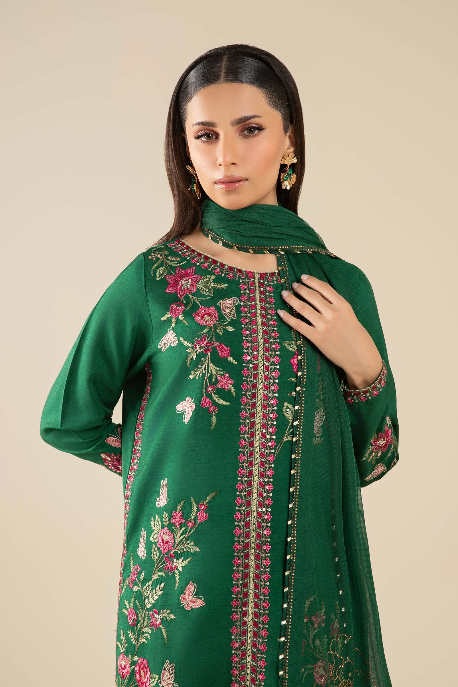 3 Pc Embroidered Raw Silk Suit - Image 3