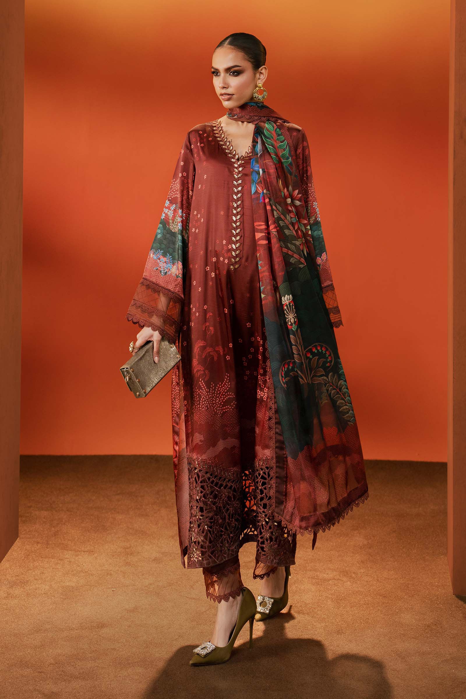 3 Piece Embroidered Satin Silk Suit - Image 3